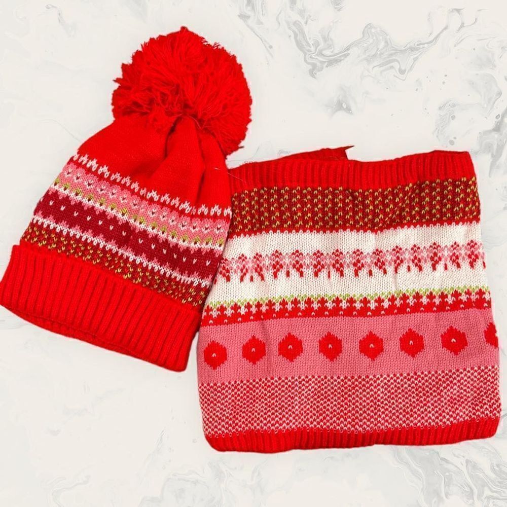 NWT BP Red Pom Pom Beanie and Neck Warmer Set- Red /White - One Size